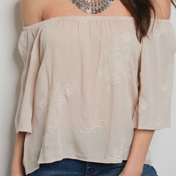 DELICATELY EMBROIDERED TAN OFF THE SHOULDER TOP- NEW - Picture 2 of 5